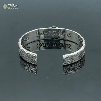 Sterling silver Lord Shiva mantra OM design adjustable bangle cuff bracelet, unisex tribal jewelry with intricate craftsmanship.