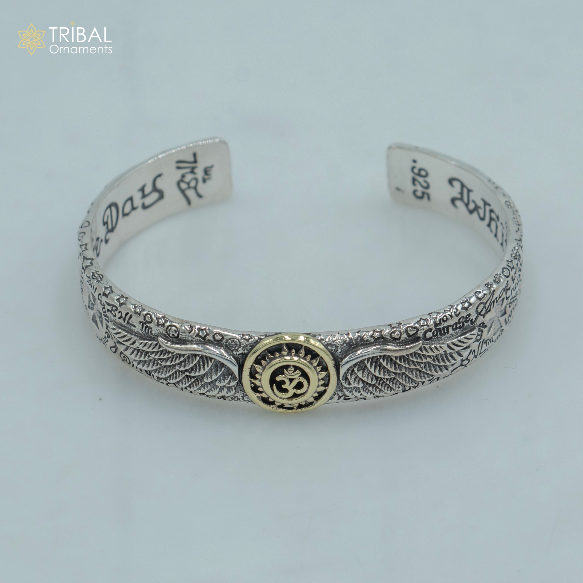 Sterling silver Lord Shiva mantra Om design adjustable bangle cuff bracelet, unisex jewelry with intricate handcrafted details.