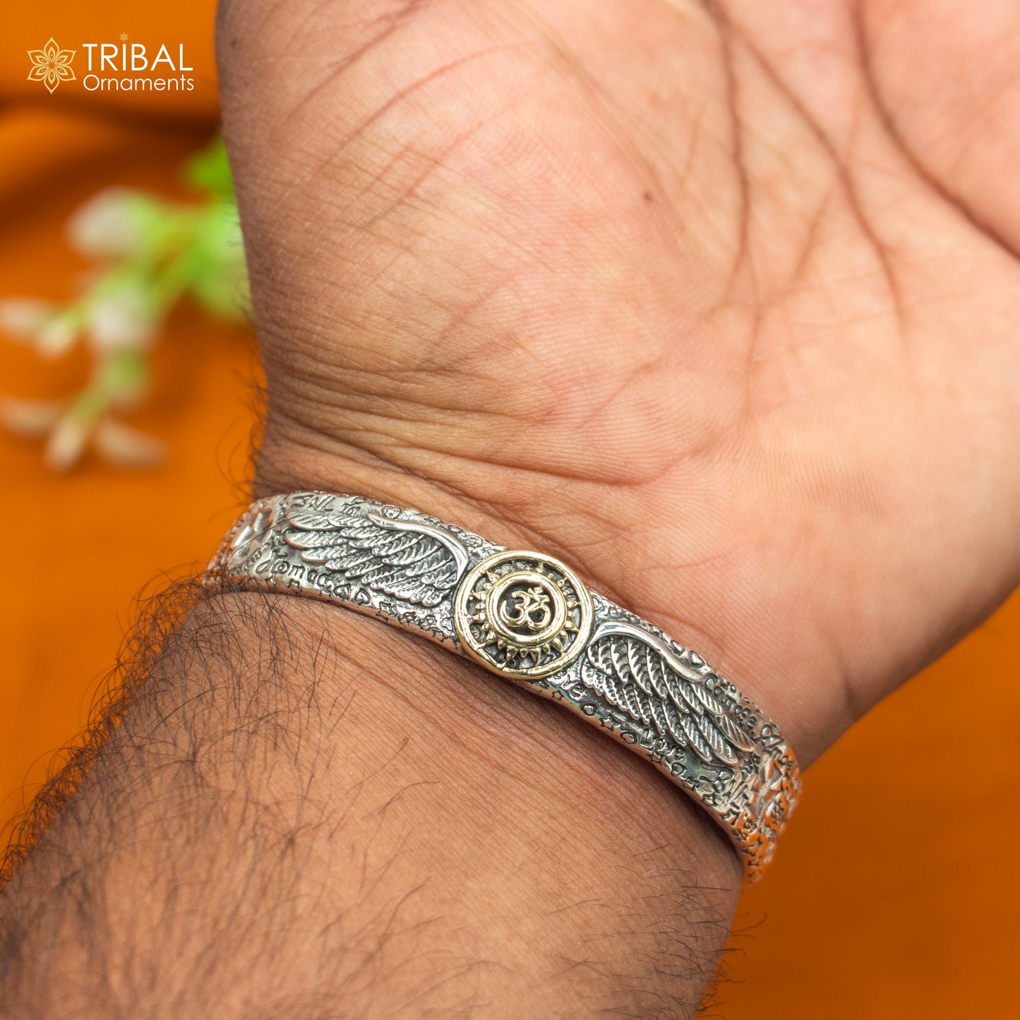 Sterling silver Lord Shiva mantra Om design adjustable bangle cuff bracelet, unisex jewelry by Tribal Ornaments.