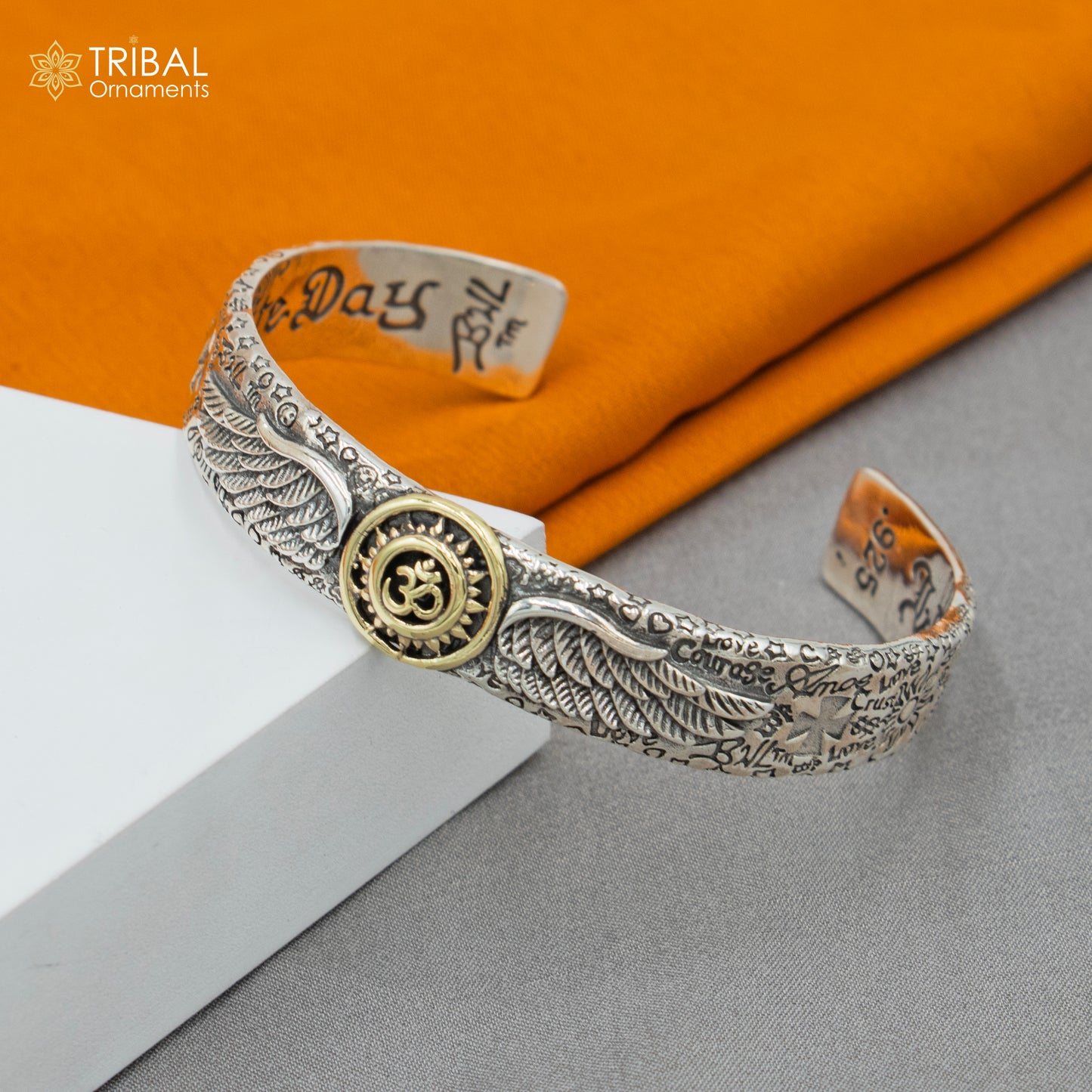 925 sterling silver Lord Shiva mantra Om design adjustable bangle cuff bracelet, unisex jewelry with intricate tribal detailing