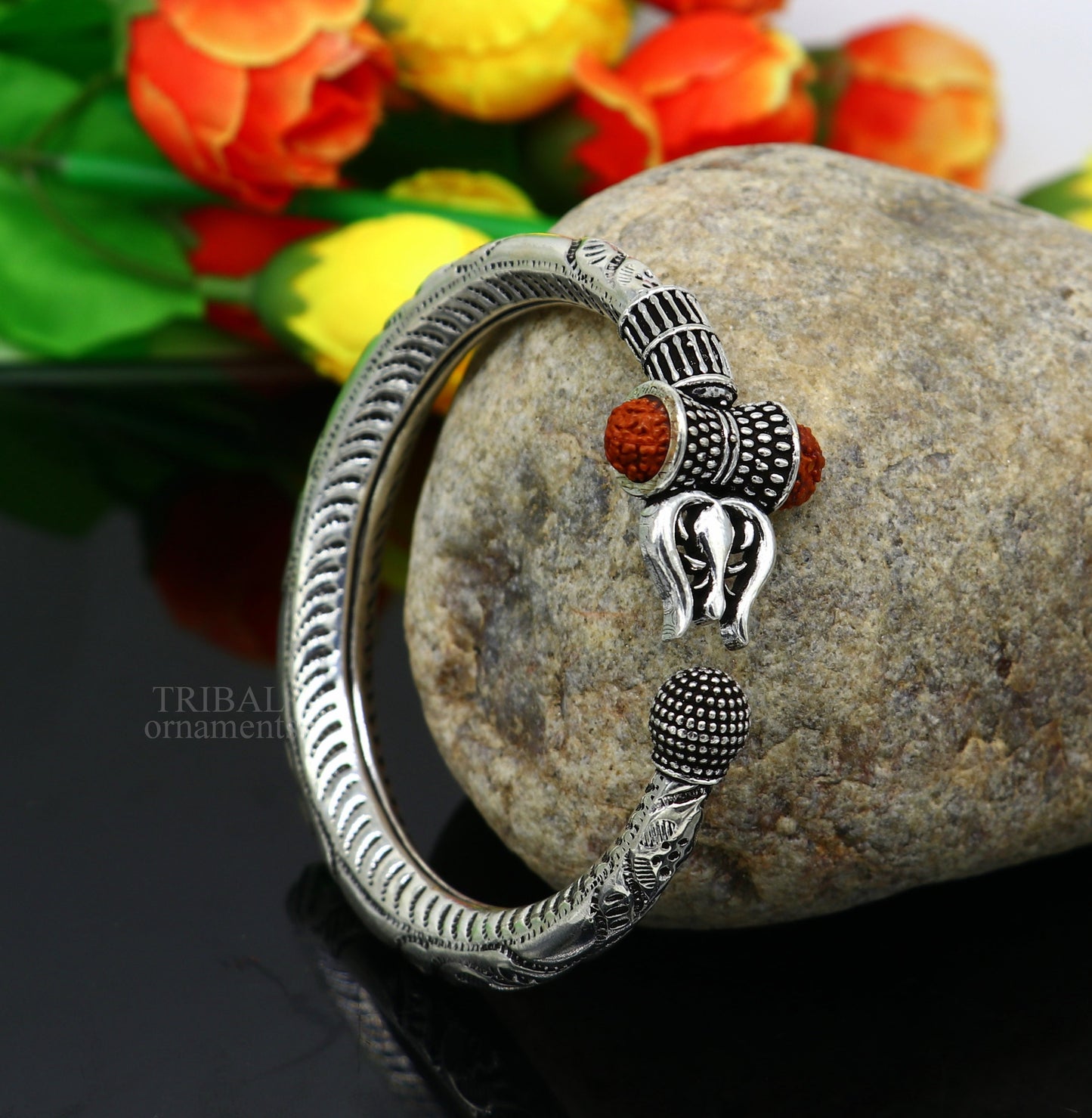 925 Sterling silver Lord Shiva Trishul Kada bracelet with Rudraksha beads, handcrafted by TRIBAL ORNAMENTS, featuring a personalized Mahadeva design.