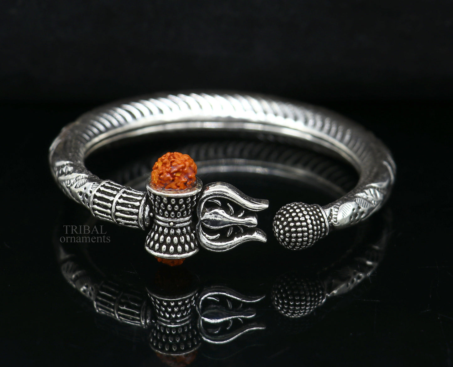 925 silver handmade Lord Shiva trident bracelet with Rudraksha beads, featuring a custom Mahadeva trishul design.
