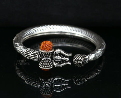 925 silver handmade Lord Shiva trident bracelet with Rudraksha beads, featuring a custom Mahadeva trishul design.