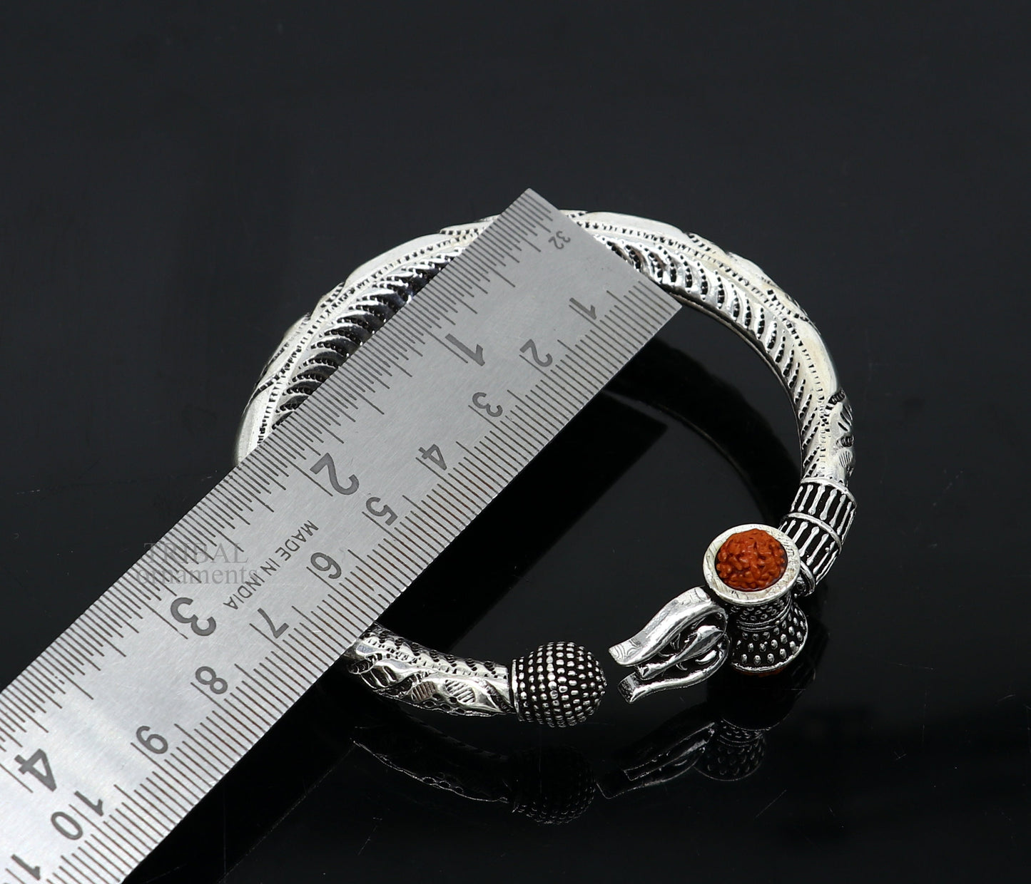Sterling silver Lord Shiva trident Kada bracelet with Rudraksha beads, handmade tribal jewelry featuring Mahadeva motif.