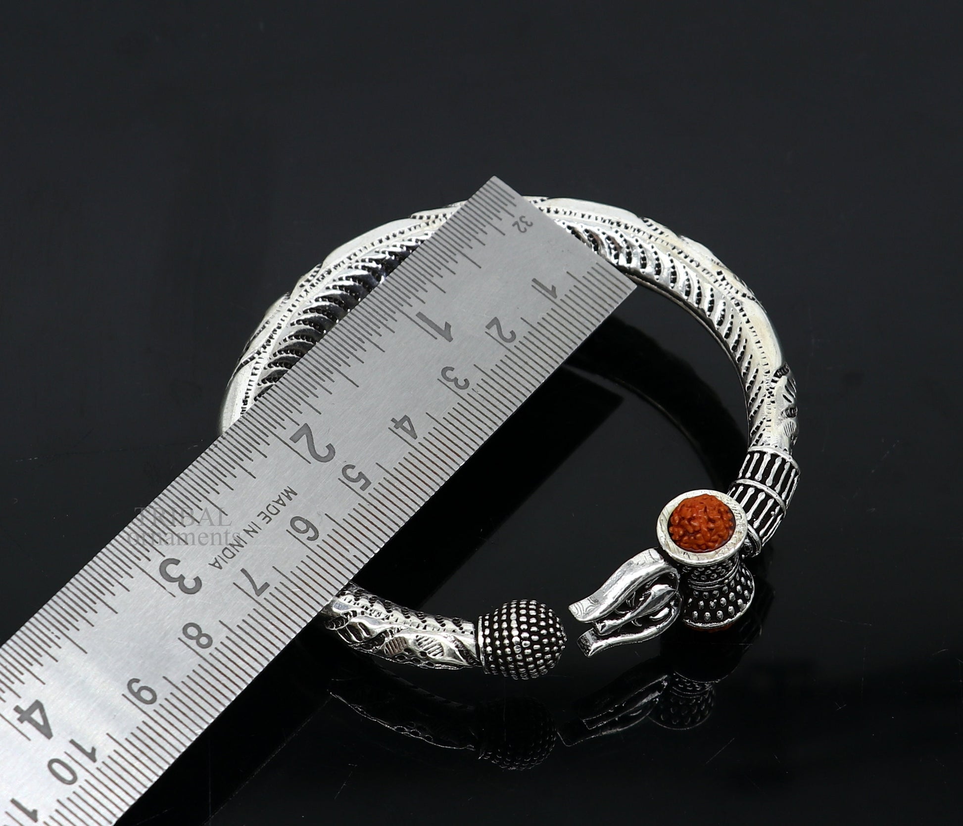 Sterling silver Lord Shiva trident Kada bracelet with Rudraksha beads, handmade tribal jewelry featuring Mahadeva motif.