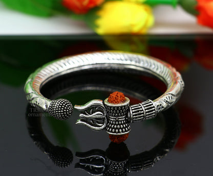 Handmade 925 Sterling silver Lord Shiva trident trishul Kada bracelet with Rudraksha beads, customized Mahadeva design by Tribal Ornaments.