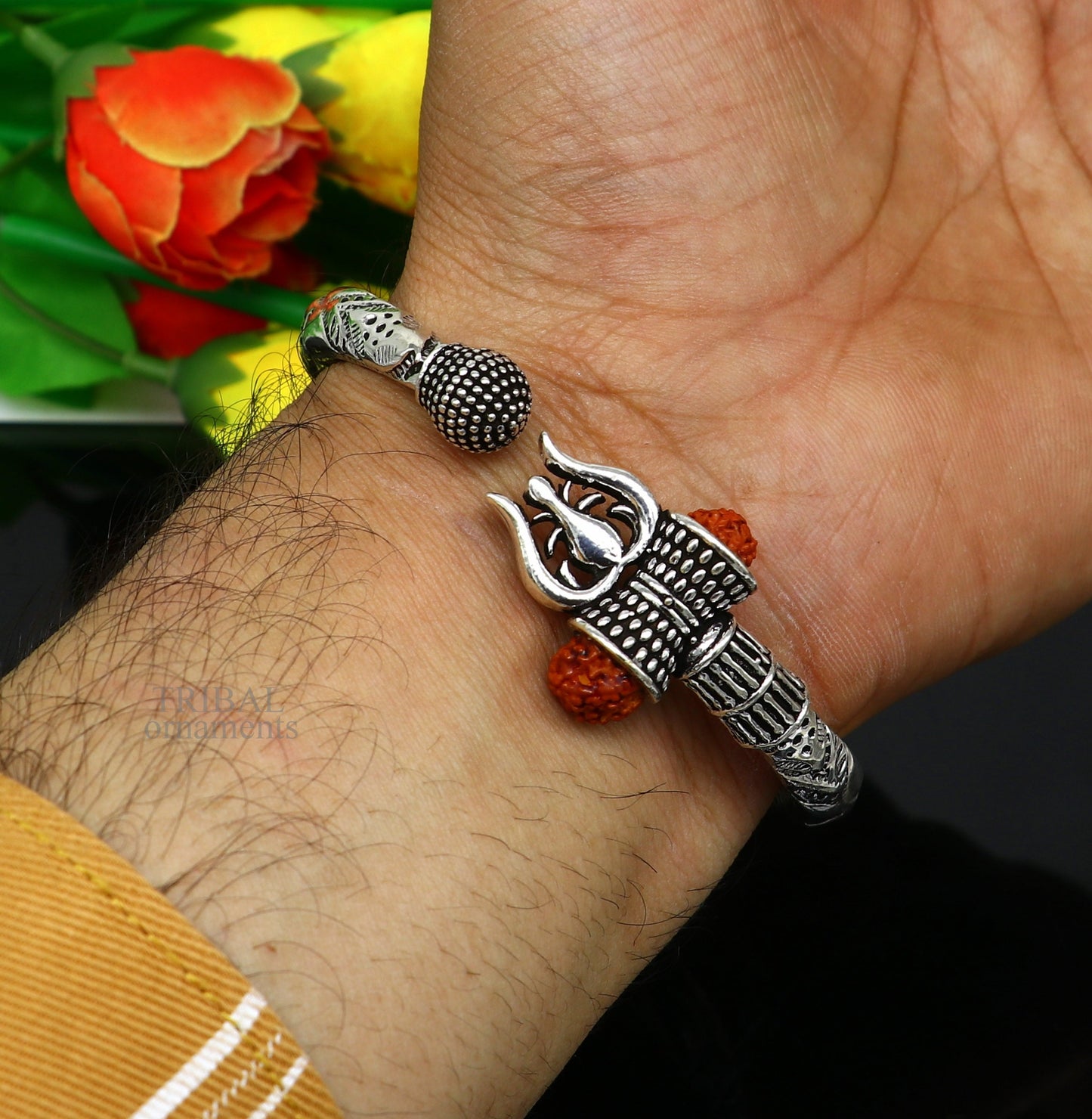 Handmade 925 sterling silver Lord Shiva trident Kada bracelet with Rudraksha beads and customized Mahadeva design.