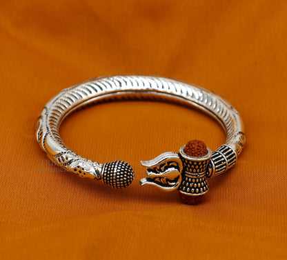 Sterling silver Lord Shiva trident Kada bracelet with Rudraksha beads, handcrafted tribal design, customized Mahadeva ornament.