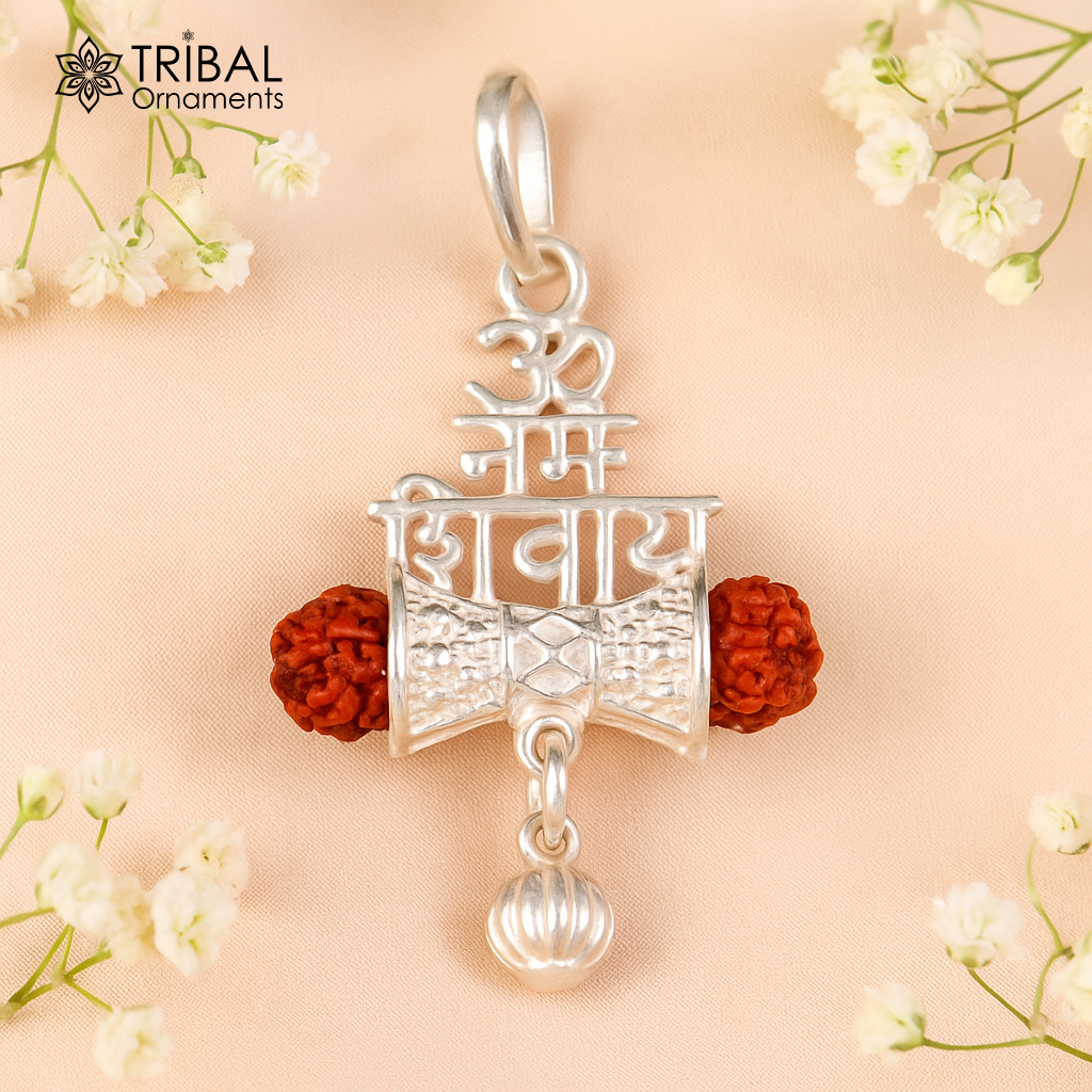 925 sterling silver Lord Shivay Rudraksha pendant with hanging drops and "Aum Namah Shivay" design, handmade tribal ornament.