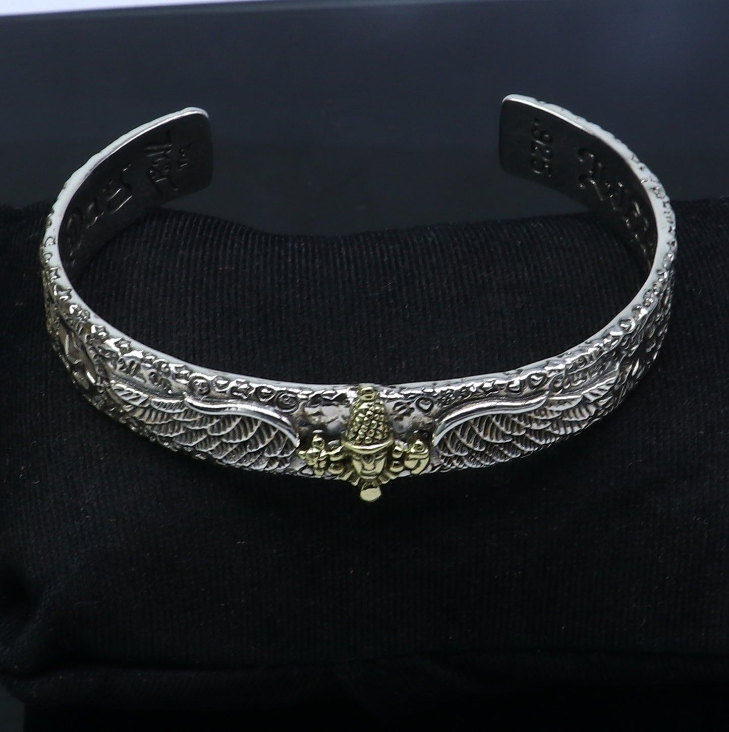 Unisex 925 sterling silver Lord Venkateshwara Tirupati Balaji adjustable bangle cuff bracelet with detailed religious design.