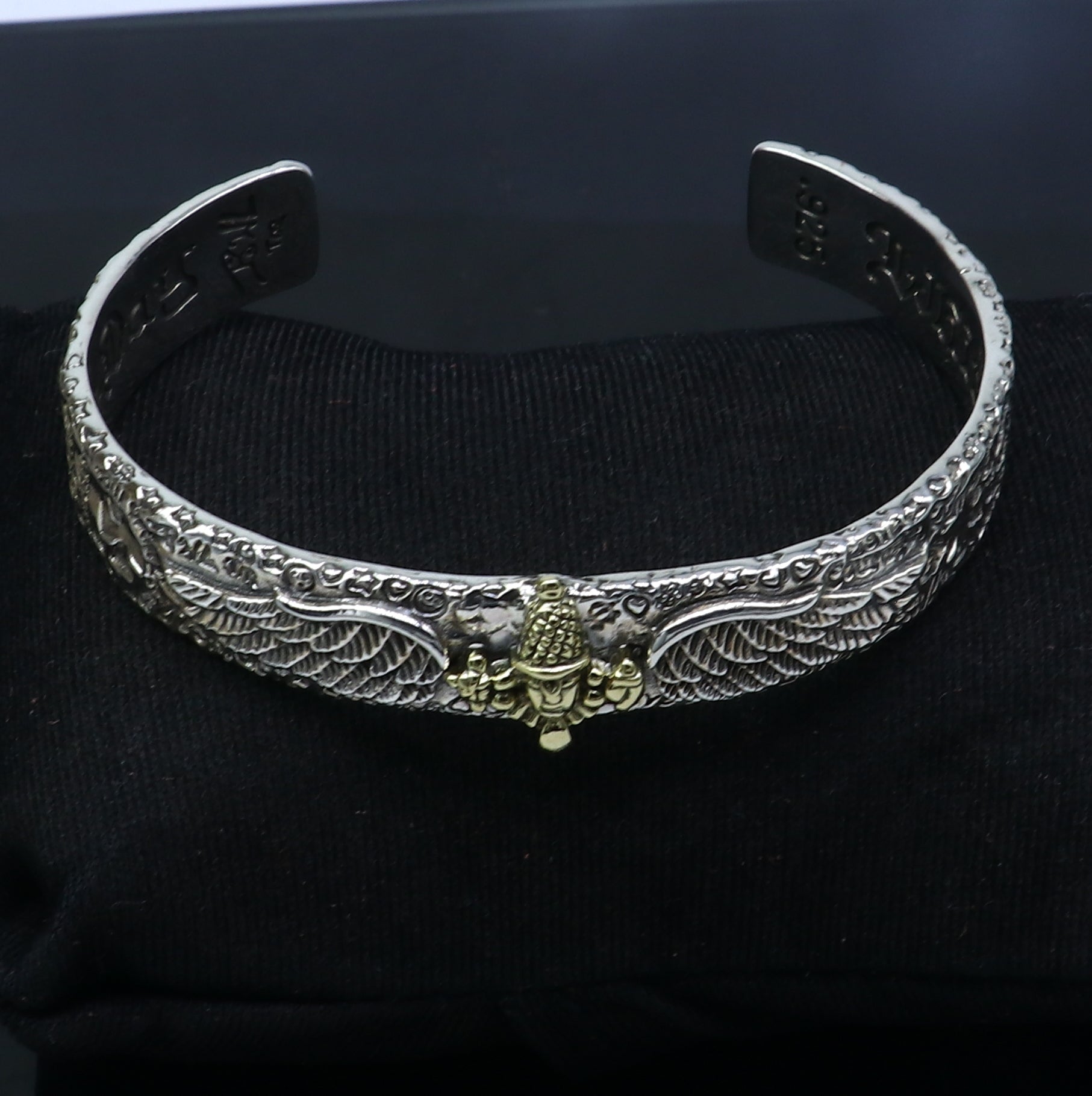 Unisex 925 sterling silver Lord Venkateshwara Tirupati Balaji adjustable bangle cuff bracelet with detailed religious design.
