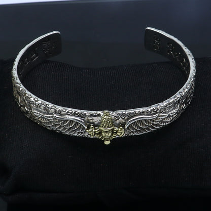 Unisex 925 sterling silver Lord Venkateshwara Tirupati Balaji adjustable bangle cuff bracelet with detailed religious design.