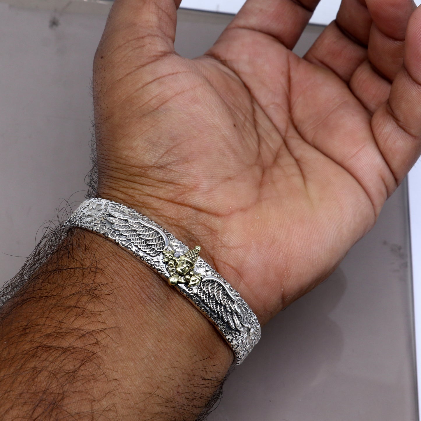 925 sterling silver Lord Venkateshwara Tirupati Balaji adjustable unisex bangle cuff bracelet from Tribal Ornaments, featuring intricate design.