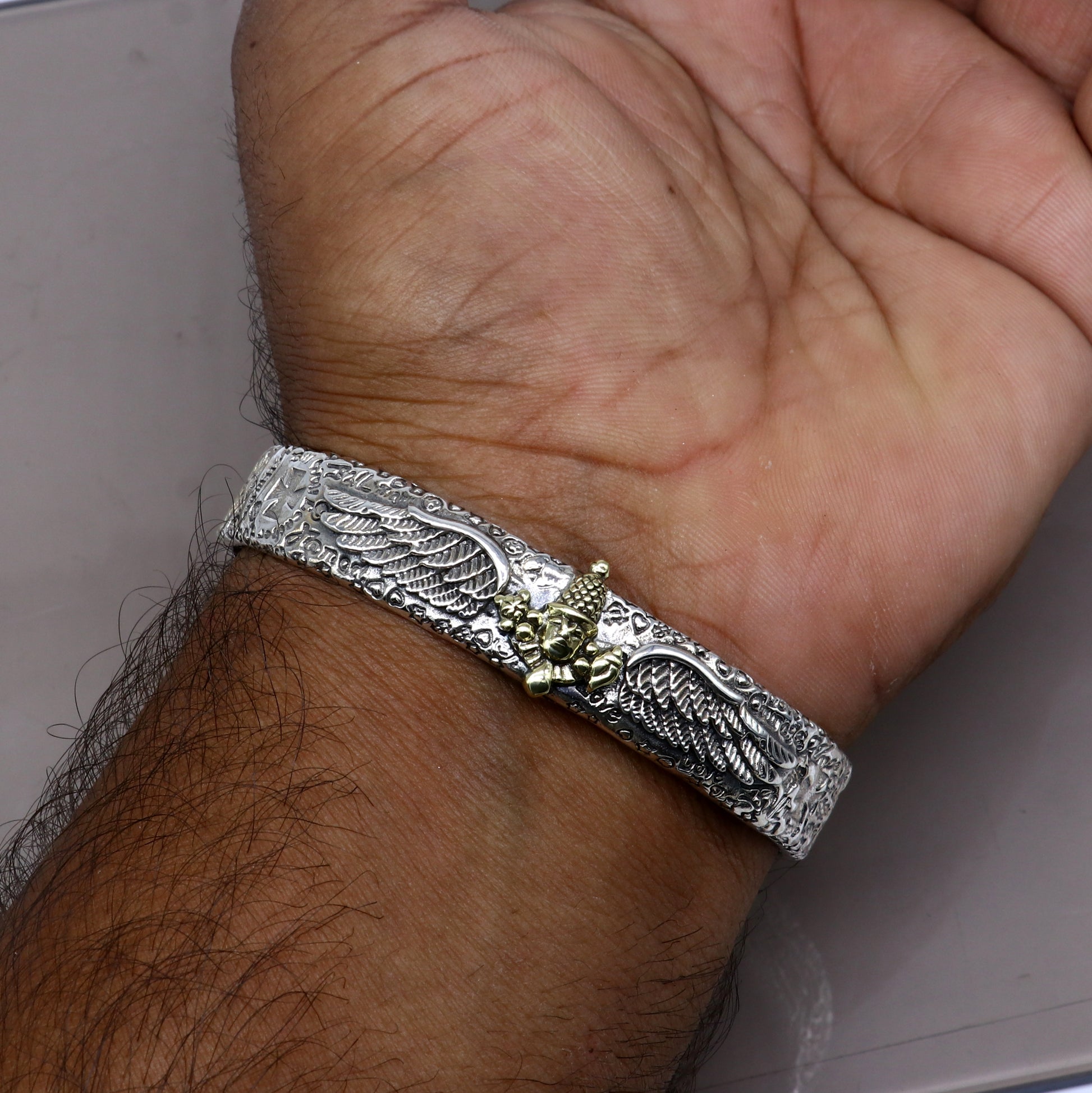 Sterling silver Lord Venkateshwara Tirupati Balaji adjustable bangle cuff bracelet, unisex handmade jewelry by Tribal Ornaments.