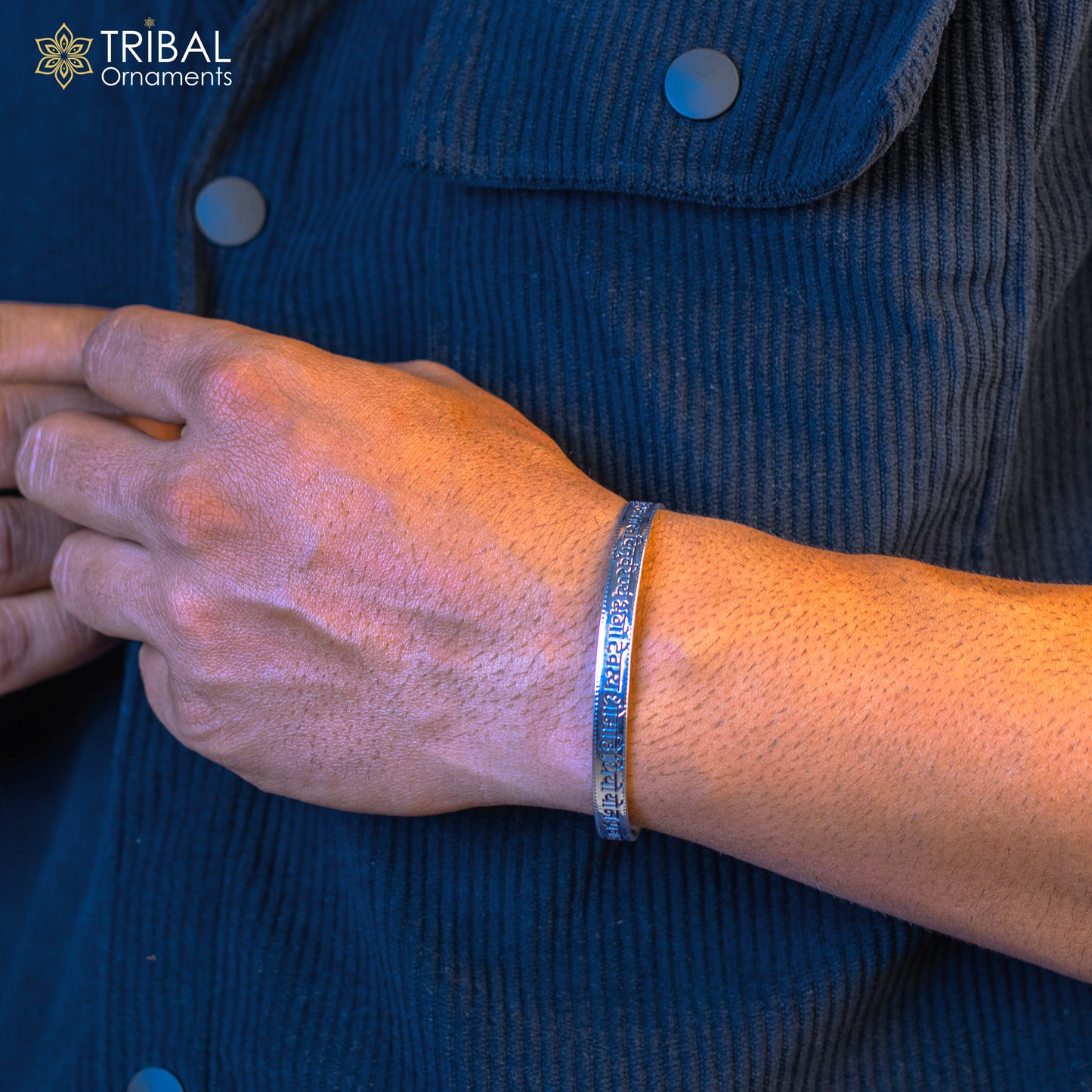 925 sterling silver Gayatri Mantra cuff bracelet, unisex handmade Indian jewelry with engraved mantra design.