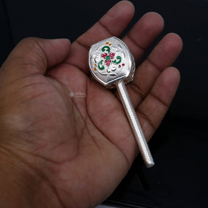Handmade 925 sterling silver newborn baby jingling bells toy, featuring silver jhunjhuna and temple-inspired design by TRIBAL ORNAMENTS.