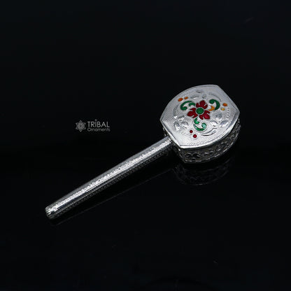 Handmade 925 sterling silver newborn baby jingling bells toy with intricate silver temple design, perfect for baby Krishna gifting.