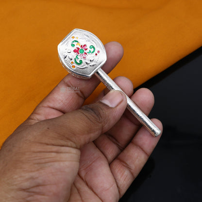 Handmade 925 sterling silver newborn baby jingling bells toy, featuring traditional silver jhunjhuna, ideal for baby Krishna gifting.