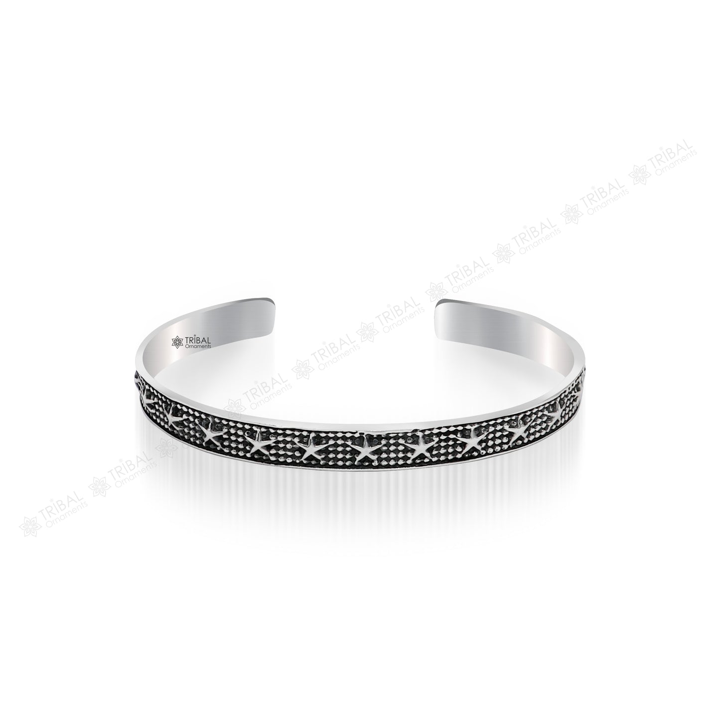 925 sterling silver open face cuff bangle bracelet by Tribal Ornaments, handcrafted, adjustable, with intricate tribal design.