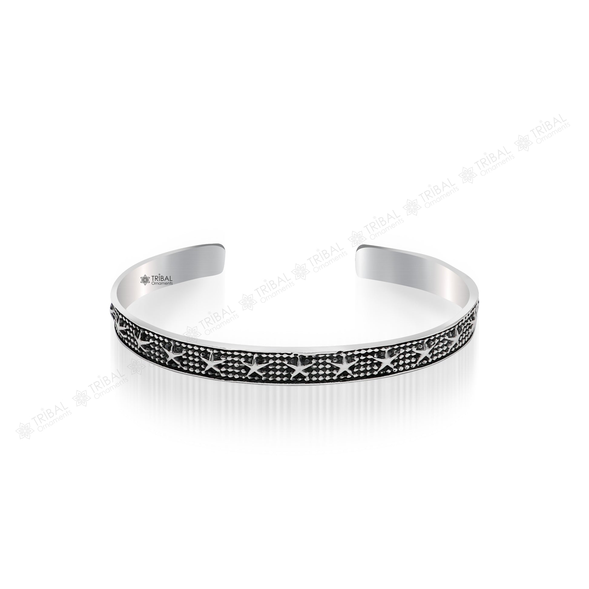 925 sterling silver open face cuff bangle bracelet by Tribal Ornaments, handcrafted, adjustable, with intricate tribal design.