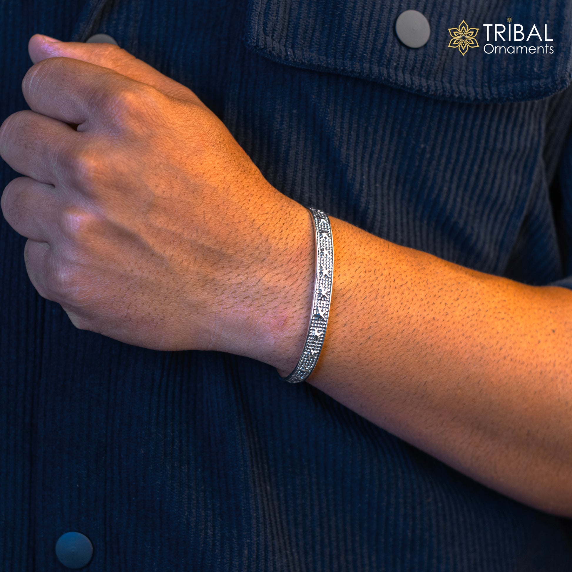 Sterling silver open face cuff bangle bracelet by Tribal Ornaments with adjustable design, handmade from India, ideal for gifting.
