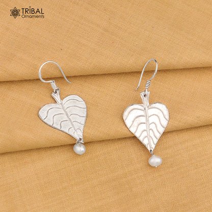 925 sterling silver handmade peepal tree leaf earring with hanging pearl, custom hoop design from TRIBAL ORNAMENTS summer collection.