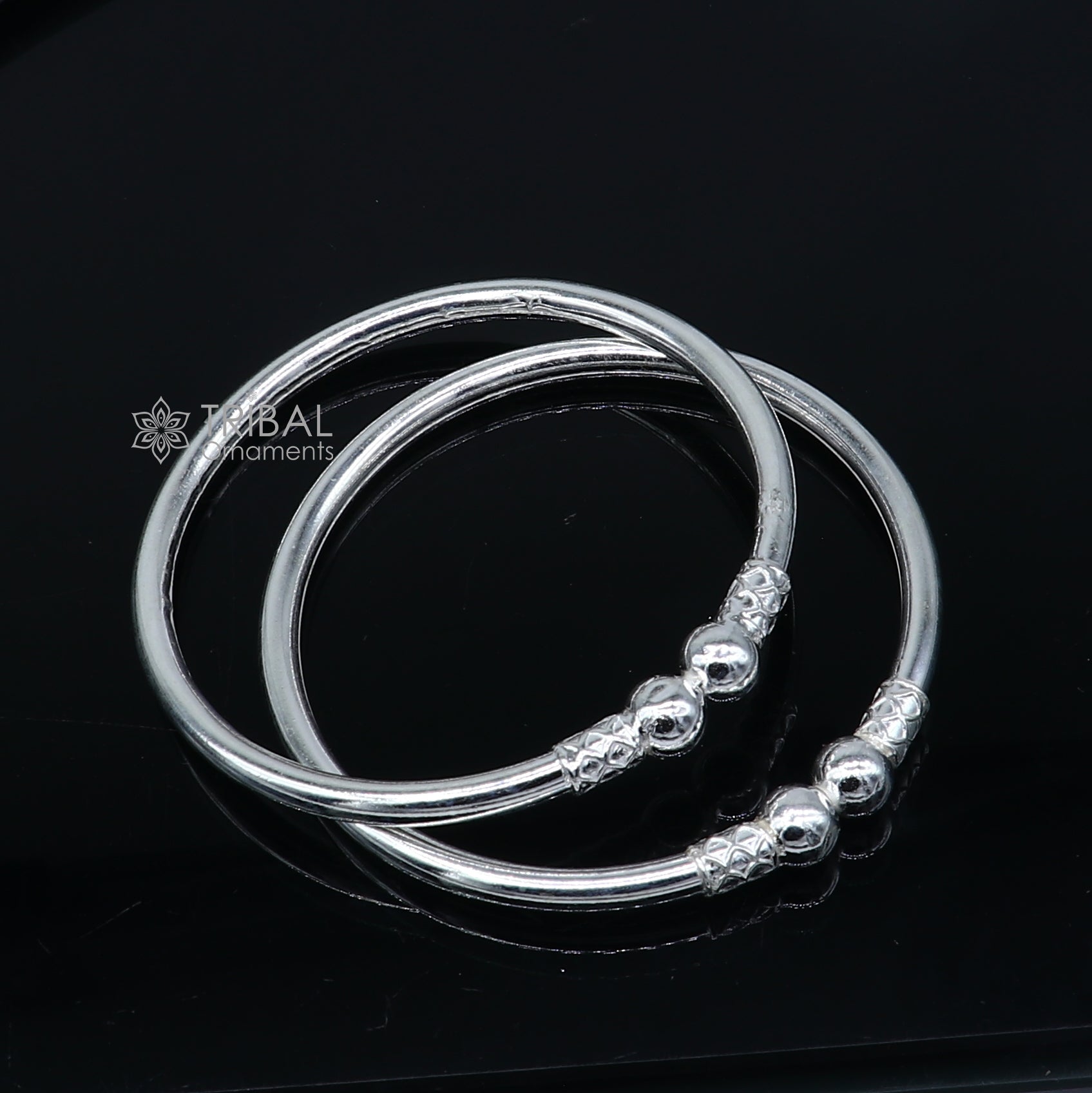925 sterling silver plain ball design bangle bracelet by TRIBAL ORNAMENTS, featuring a smooth, handcrafted silver kada for girls.