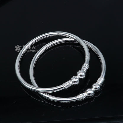 925 sterling silver plain ball design bangle bracelet by TRIBAL ORNAMENTS, featuring a smooth, handcrafted silver kada for girls.