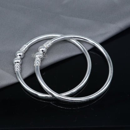 Sterling silver ball design bangle bracelet for girls, handmade tribal ornament jewelry, plain silver kada bracelet.