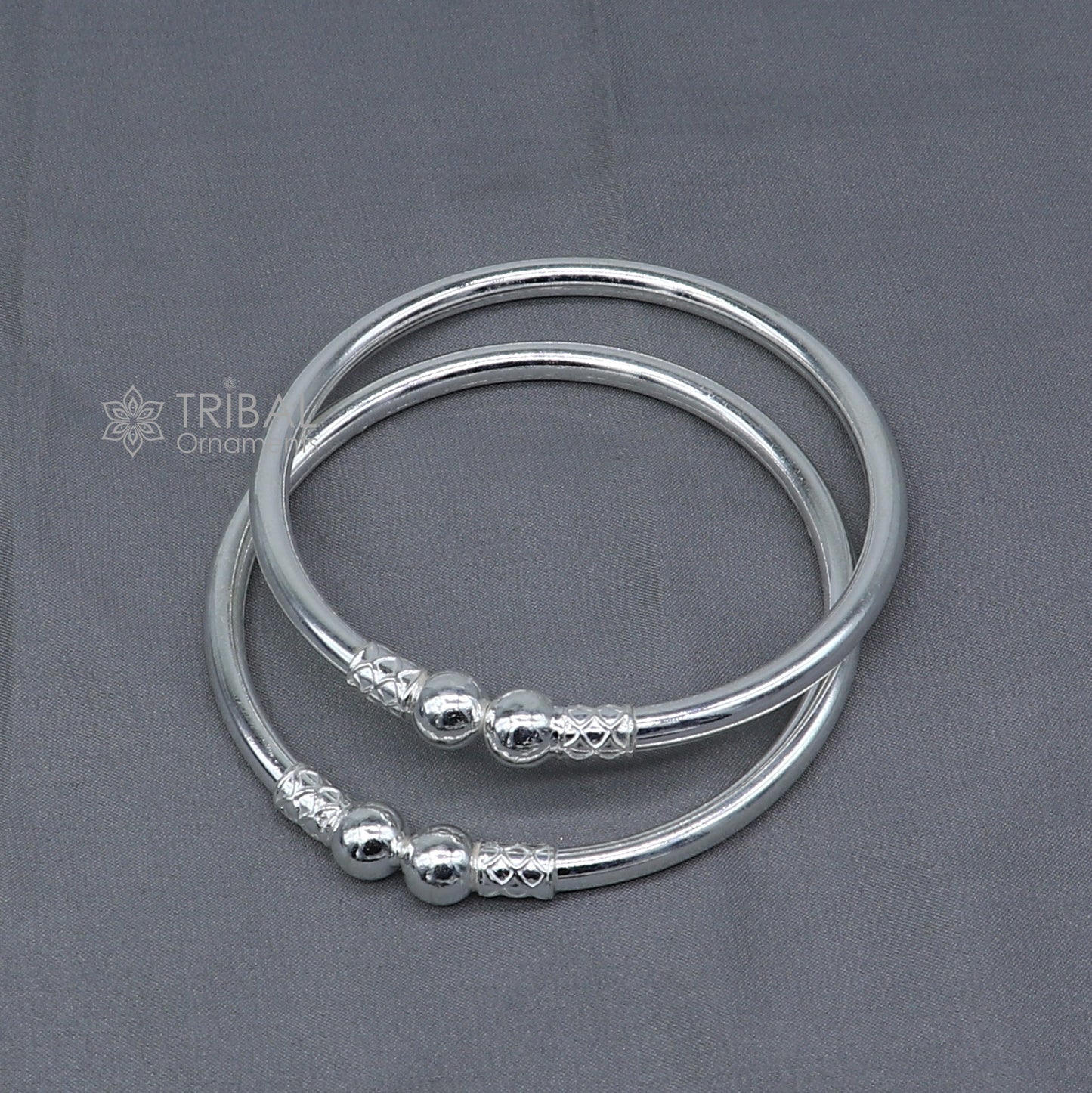 925 sterling silver ball design bangle bracelet by TRIBAL ORNAMENTS, showcasing a plain handmade silver kada jewelry for girls.