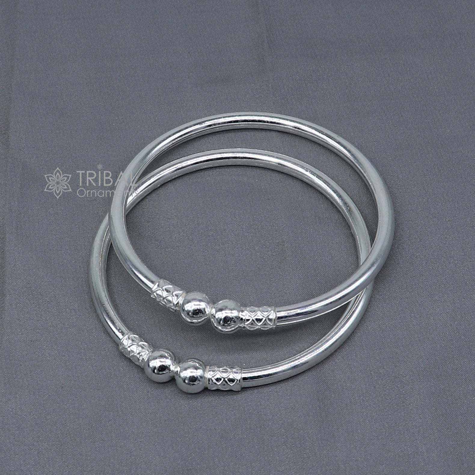 925 sterling silver ball design bangle bracelet by TRIBAL ORNAMENTS, showcasing a plain handmade silver kada jewelry for girls.
