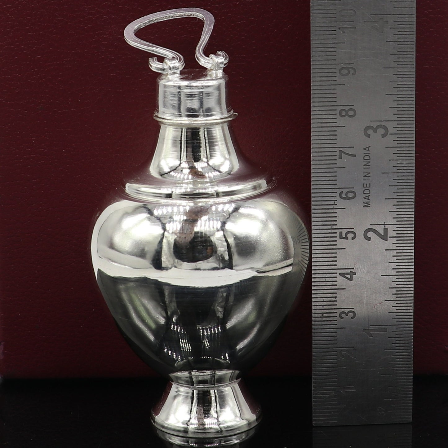 Handmade 925 sterling silver Gangjali pot with plain design, used as a divine silver water pot for puja and spiritual rituals.