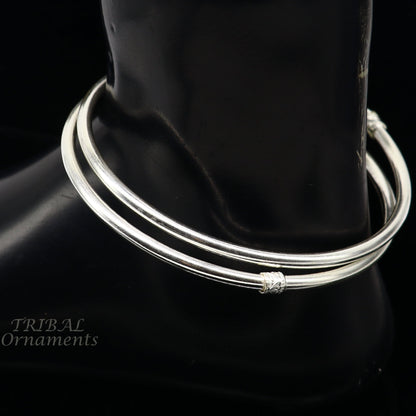 Sterling silver handmade Indian traditional foot kada ankle bracelet with plain design for women, tribal jewelry style.