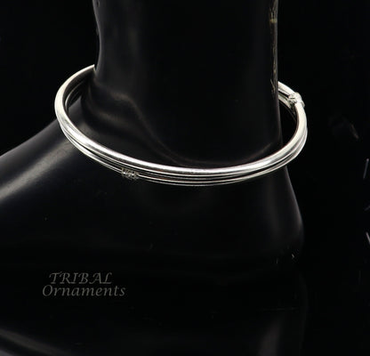 925 Sterling silver handmade traditional Indian foot kada bracelet for women, plain design with tribal jewelry style.