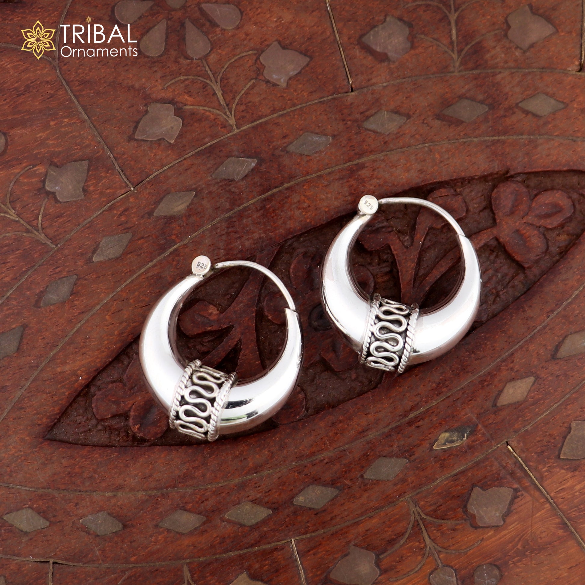 Sterling silver handmade hoop earrings by TRIBAL ORNAMENTS, stylish Bali-inspired stud earrings for belly dance or personalized gift.