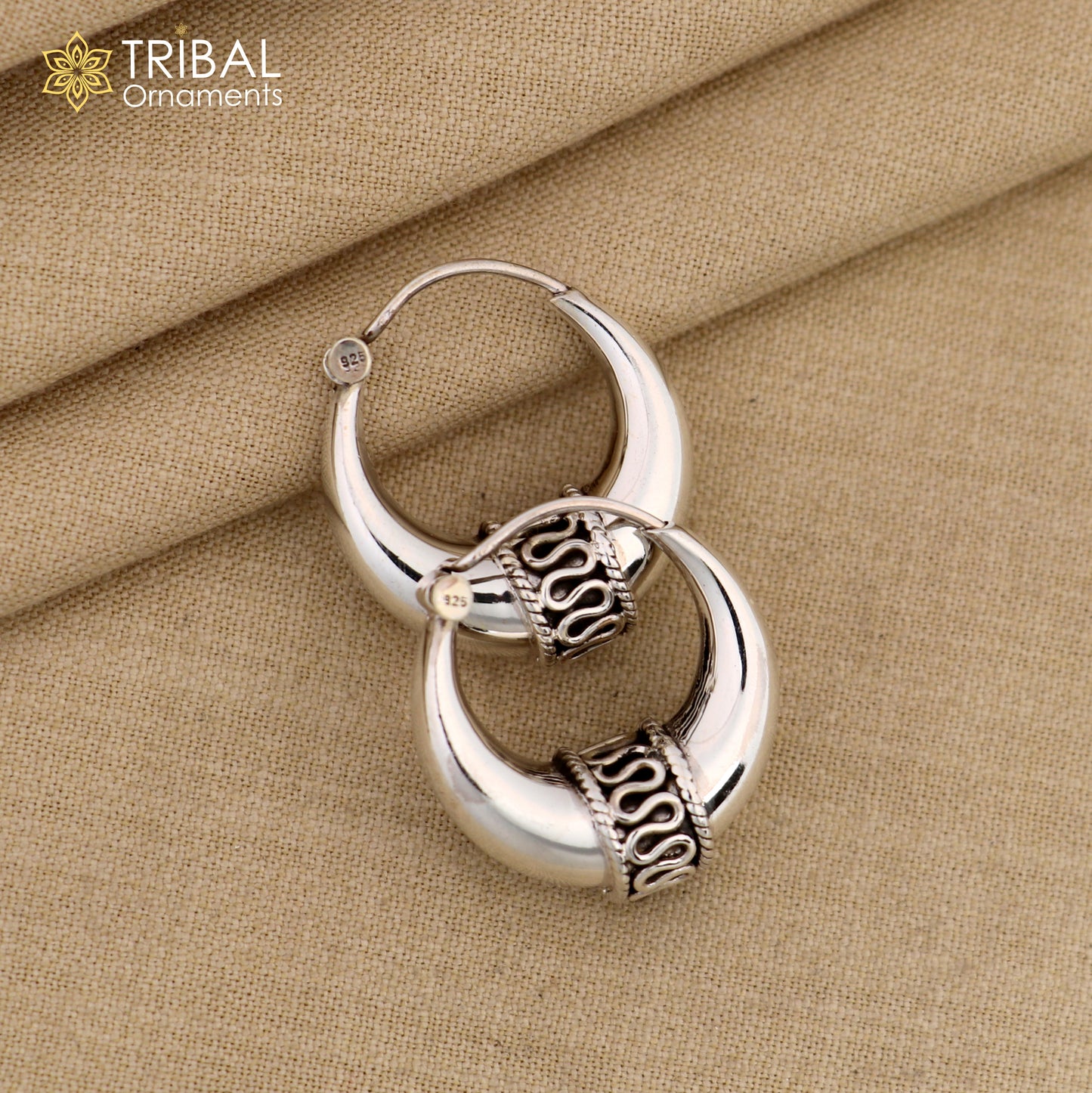 Sterling silver handmade hoop earrings by TRIBAL ORNAMENTS, stylish Bali-inspired stud earrings for belly dance or personalized gift.