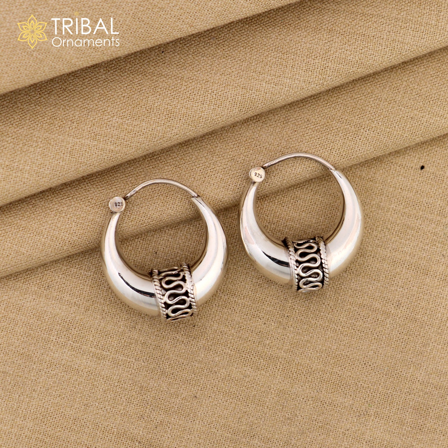 Sterling silver handmade hoop earrings by TRIBAL ORNAMENTS, attractive bali-style studs perfect for belly dance or personalized gift.