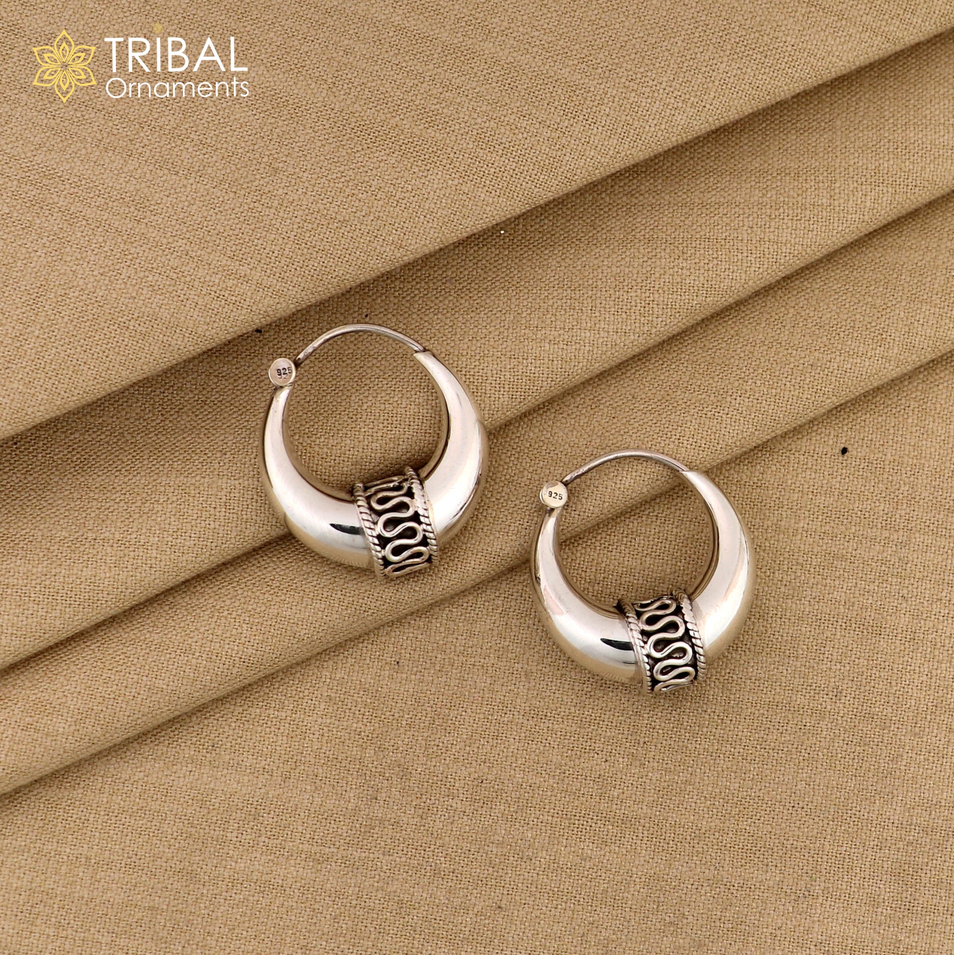 Sterling silver handmade hoop stud earrings by TRIBAL ORNAMENTS, stylish and attractive jewelry perfect for belly dance or personalized gift.