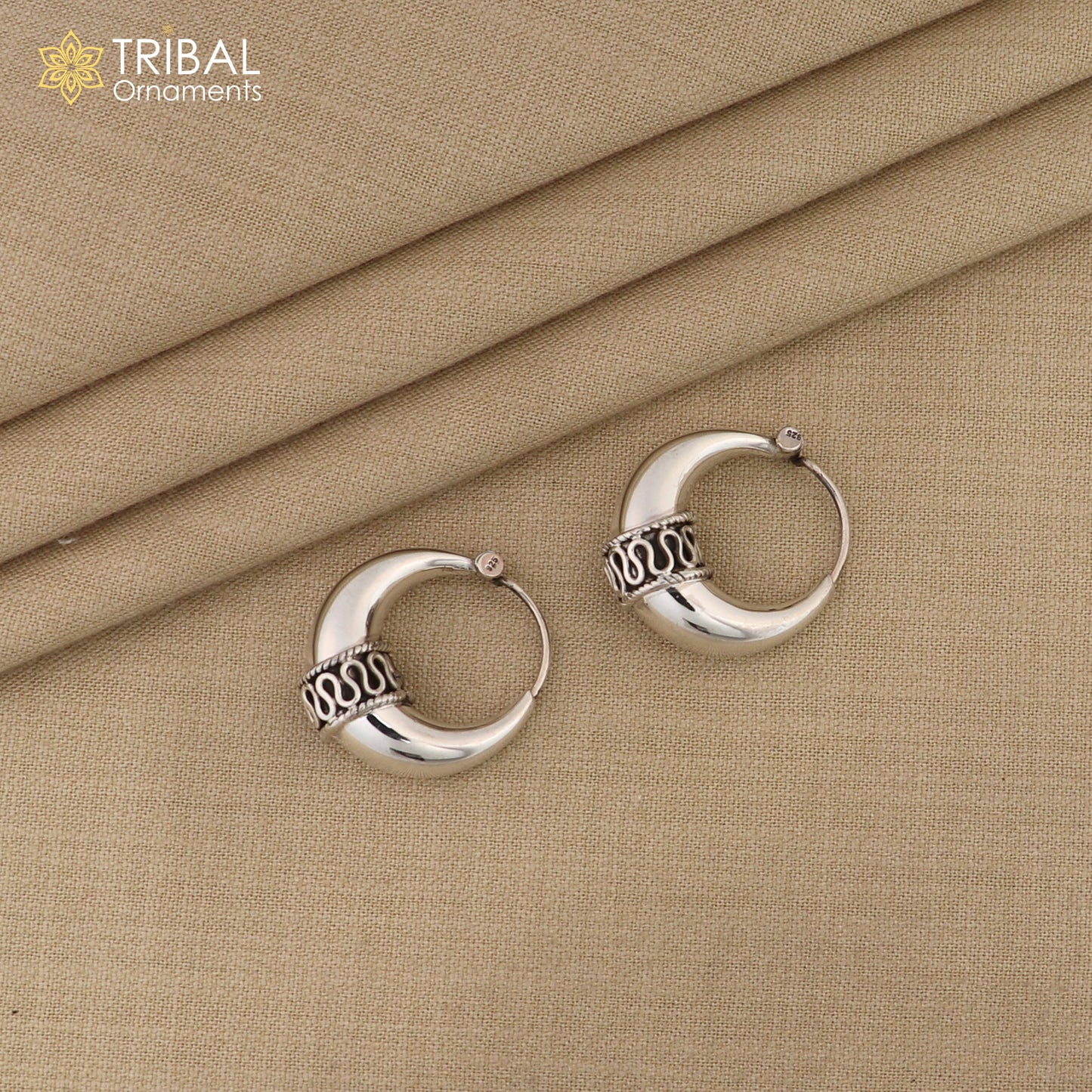 Sterling silver handmade hoop earrings by TRIBAL ORNAMENTS, stylish Bali-inspired stud earrings perfect for belly dance or personalized gift