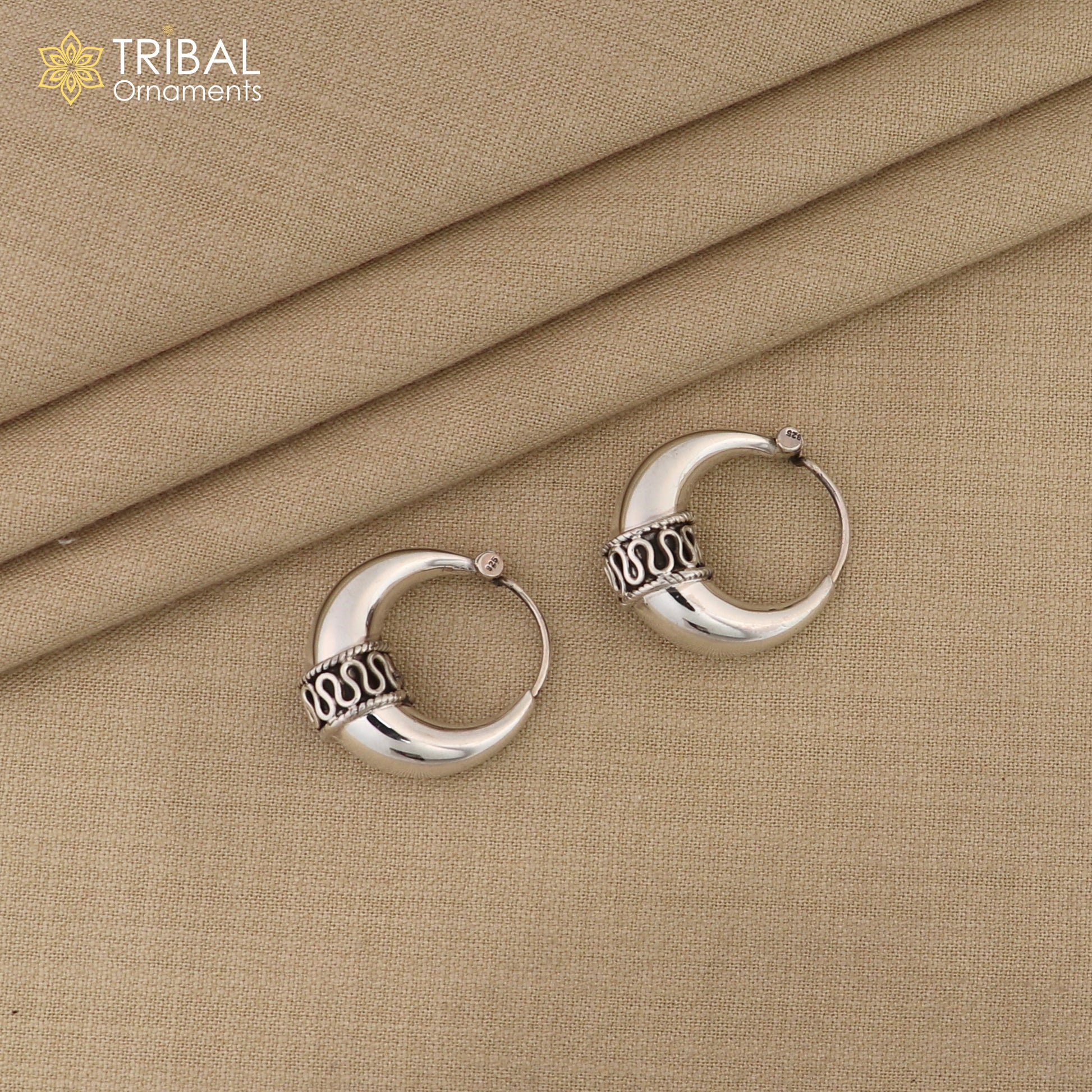 Sterling silver handmade hoop earrings by TRIBAL ORNAMENTS, stylish Bali-inspired stud earrings perfect for belly dance or personalized gift
