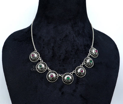Sterling silver Rajasthani traditional stylish fit necklace choker with intricate belly dance Guttapusalu design, handmade by TRIBAL ORNAMENTS.