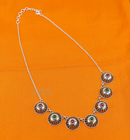 Sterling silver Rajasthani traditional stylish fit neck choker, luxury necklace set with intricate belly dance Guttapusalu jewelry design
