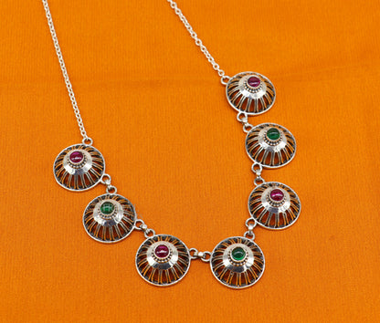 Sterling silver Rajasthani traditional stylish fit choker necklace with intricate belly dance Guttapusalu design by TRIBAL ORNAMENTS