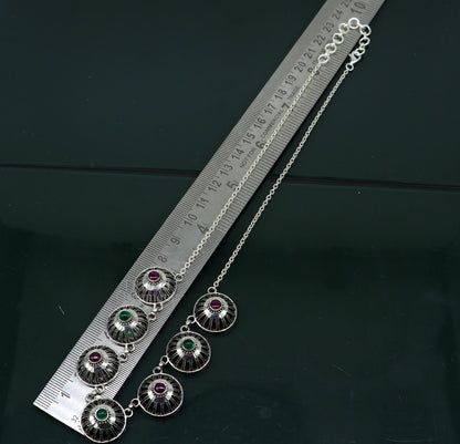 Sterling silver Rajasthani traditional stylish fit neck choker necklace set, ideal for belly dance jewelry, handcrafted by Tribal Ornaments.