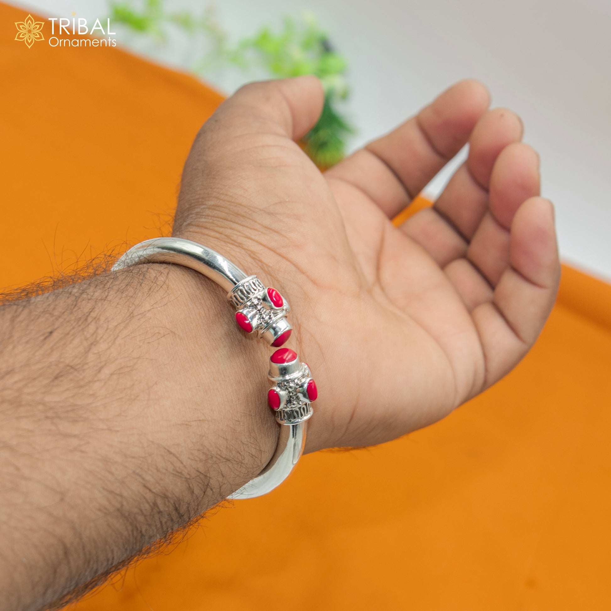 925 sterling silver handmade red stone coral kada bracelet unisex kada  nsk894 - TRIBAL ORNAMENTS