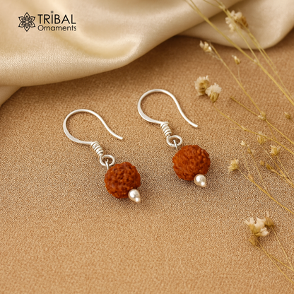 925 sterling silver handmade Rudraksha ball hoops earring with drop design, ideal for bridesmaids and special occasions.