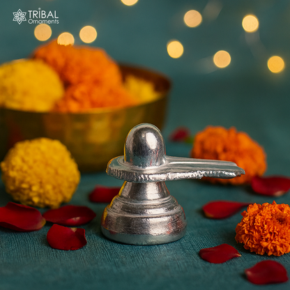 Small handmade 925 sterling silver Lord Shiva lingam for home temple puja, silver shivling, and puja accessories by TRIBAL ORNAMENTS.