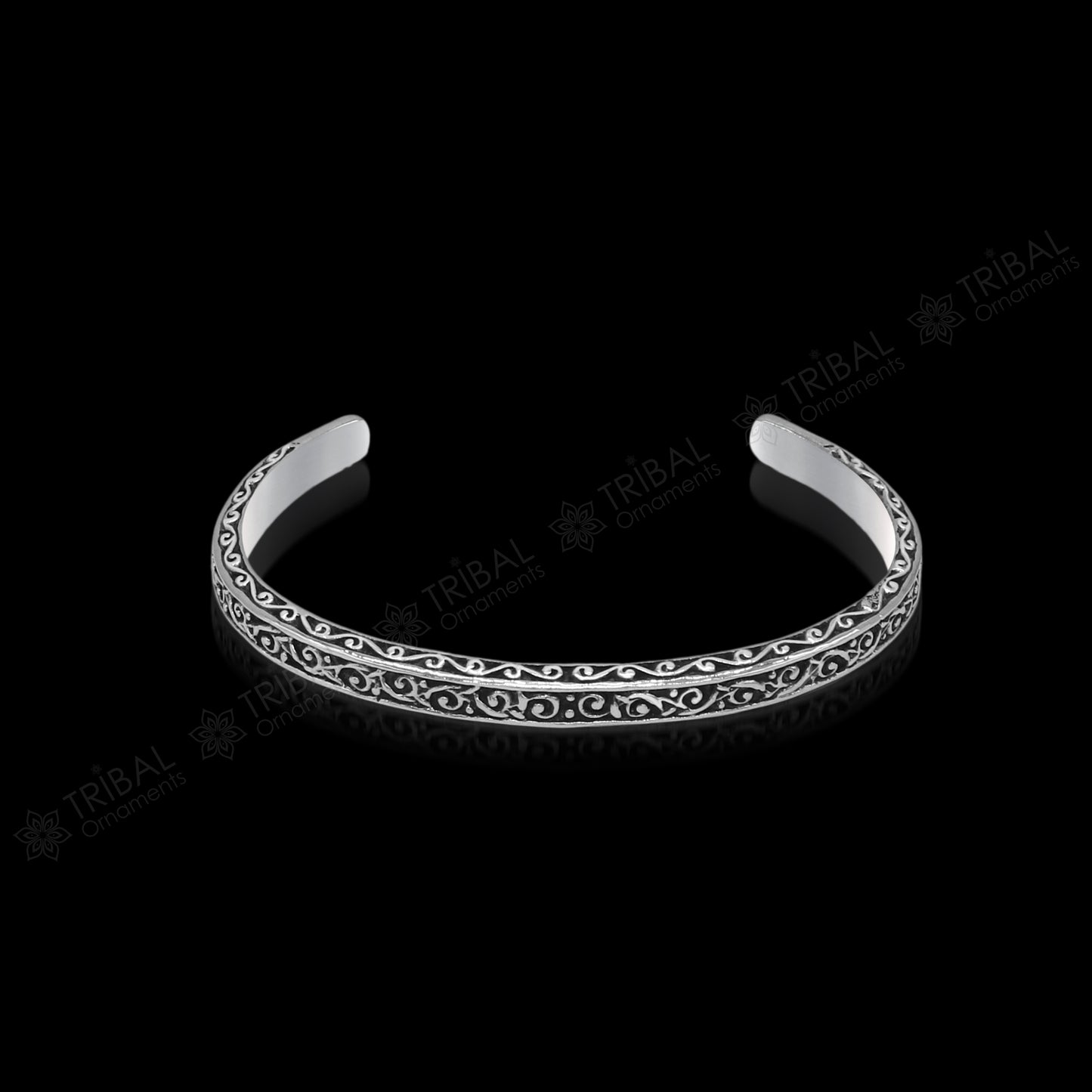 Handmade 925 sterling silver antique finish fashion kada cuff bracelet with unisex design and intricate detailing.