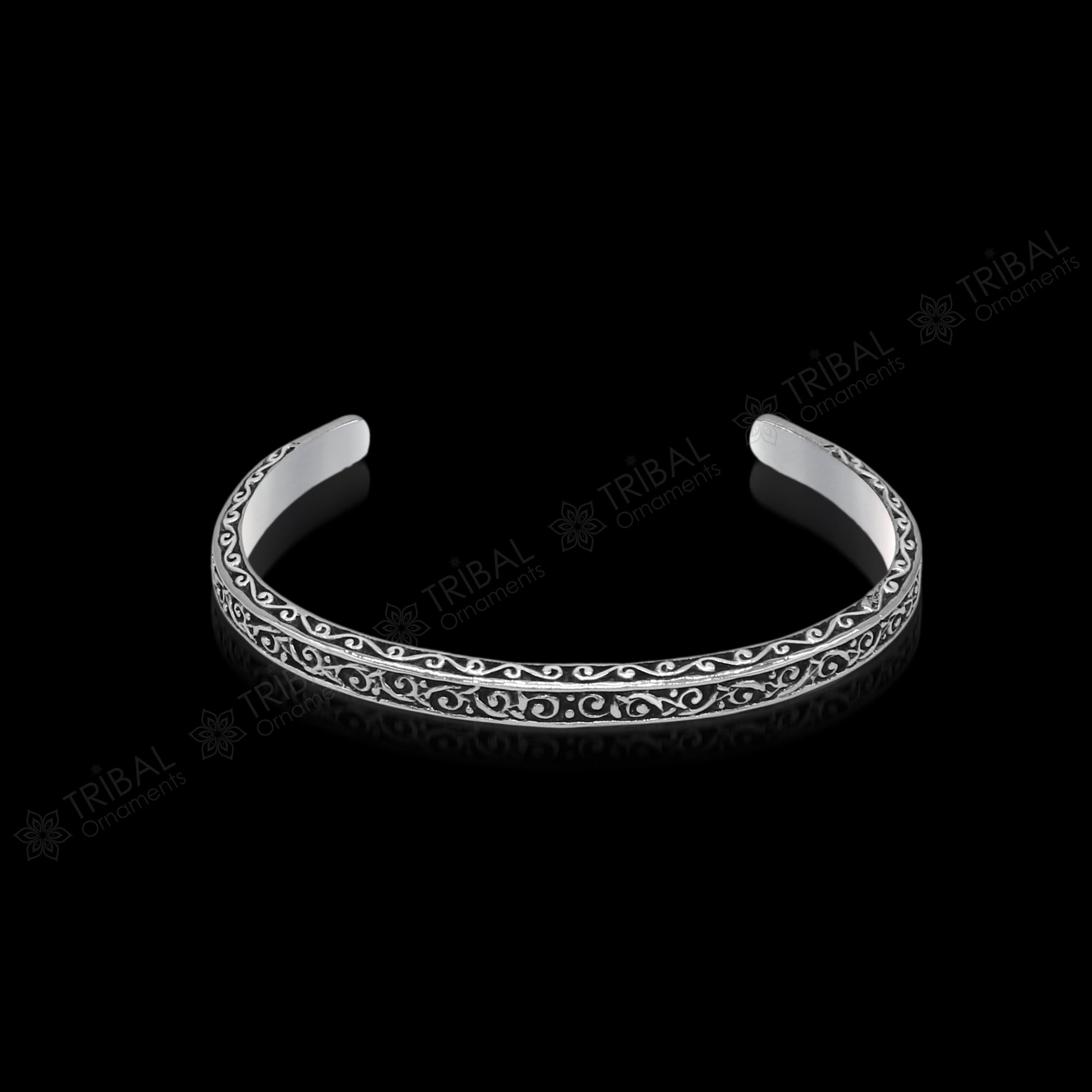 Handmade 925 sterling silver antique finish fashion kada cuff bracelet with unisex design and intricate detailing.