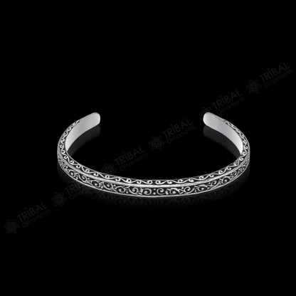 Handmade 925 sterling silver antique finish fashion kada cuff bracelet with unisex design and intricate detailing.